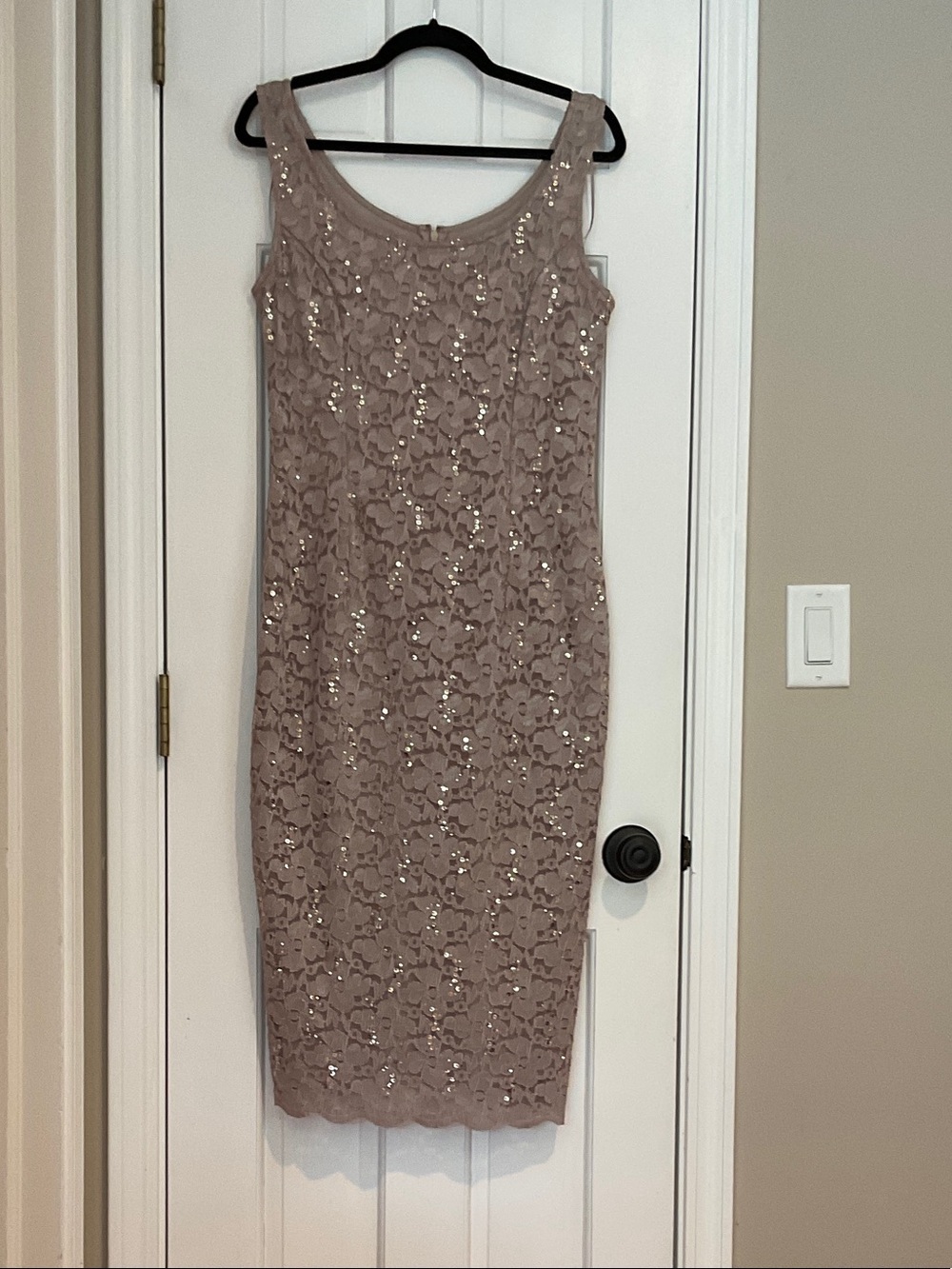 SLNY Taupe Lace Sequin Sheath Midi Dress